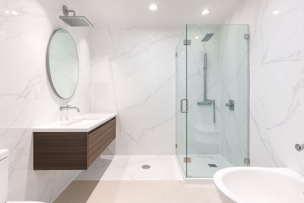 Luxury bathroom renovation Leicester featuring modern tiles and rainfall shower