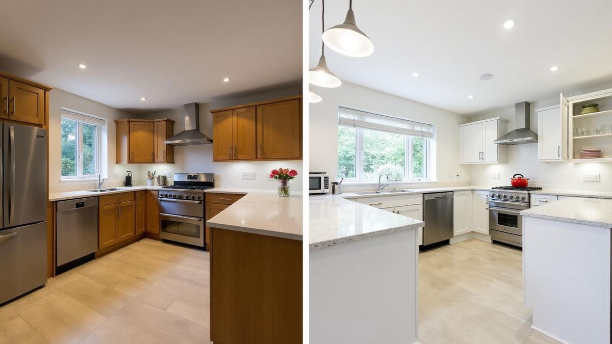 Modern kitchen renovation in Leicester with white cabinets and quartz countertops